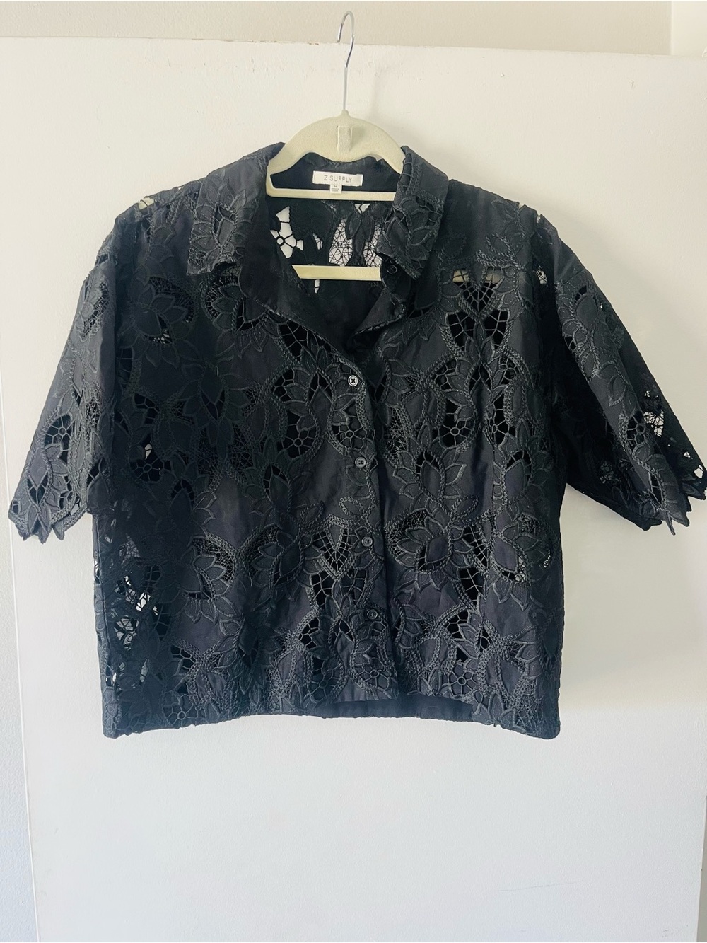 Z Supply Black Floral Eyelet Button-Down Shirt
